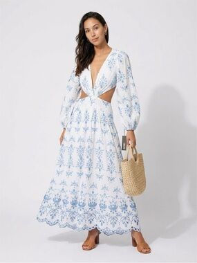 ASOS White & Blue Cotton Embroidered Cutout Maxi Dress Women’s Size 12